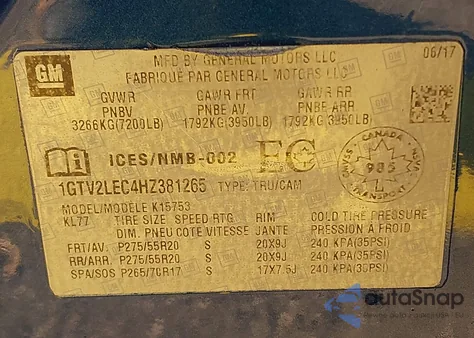 2017 GMC Sierra 1500 z USA, uszkodzony, nr VIN 1GTV2LEC4HZ381265